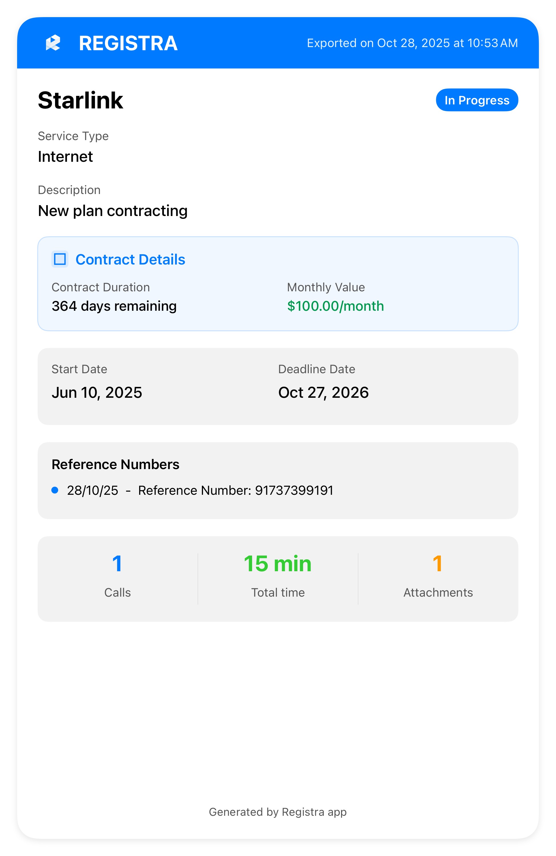 Exported PDF file created by Registra app